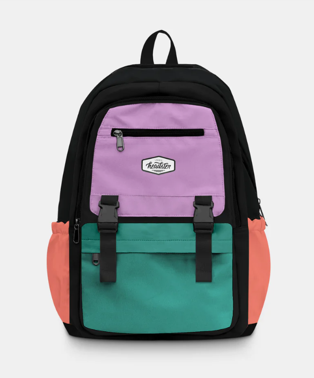 Sac à dos Coloblock Midnight Tide - Headster avec compartiments violet, vert et orange, style casual, en tissu, vue de face.
