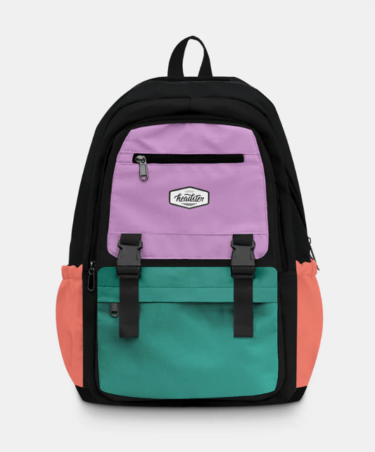 Sac à dos Coloblock Midnight Tide - Headster avec compartiments violet, vert et orange, style casual, en tissu, vue de face.