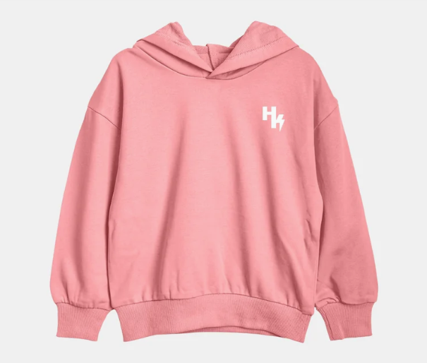 Hoodie - Headster rose en coton avec capuche, manches longues et logo blanc imprimé, pour enfant, vue de face sur fond clair.
