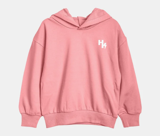 Hoodie - Headster rose en coton avec capuche, manches longues et logo blanc imprimé, pour enfant, vue de face sur fond clair.