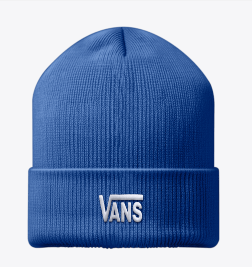 Tuque d'hiver - Vans bleue en tricot côtelé avec logo blanc sur revers replié vue de face