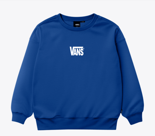 Chandail - Vans bleu à manches longues avec logo blanc sur la poitrine, col rond et poignets côtelés, vue de face
