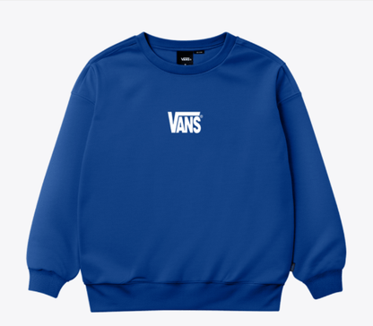 Chandail - Vans bleu à manches longues avec logo blanc sur la poitrine, col rond et poignets côtelés, vue de face