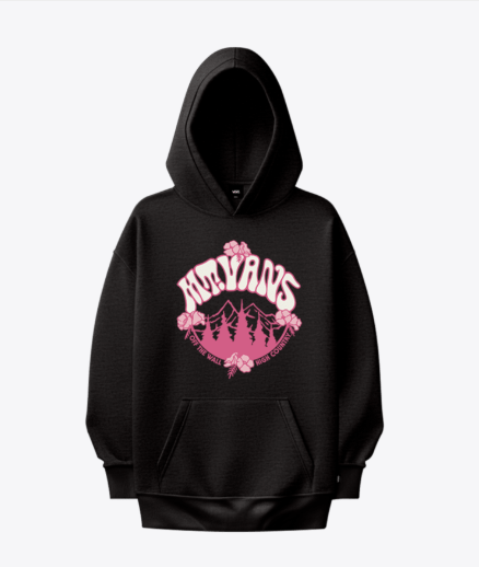 Hoodie - Vans noir à capuche avec graphisme rose et poche kangourou vue de face
