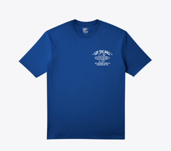 T-Shirt - Vans bleu à manches courtes, logo blanc sur la poitrine, vue de face, style décontracté
