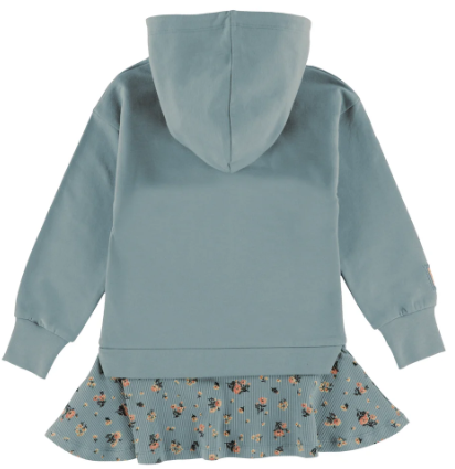 Tunique à capuchon - Nanö bleu clair en coton avec jupe à volants à motifs floraux rose et beige, pour enfant, vue de dos.