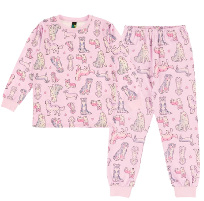 Pyjama - Nanö rose clair avec motifs animaux multicolores, en coton, ensemble enfant, vue de face posé à plat.