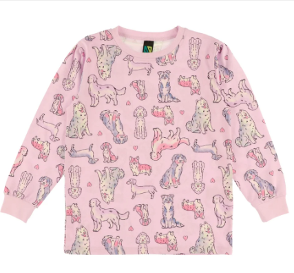 Pyjama - Nanö rose clair en coton avec motifs de chiens multicolores, manches longues, pour enfant, vue de face.