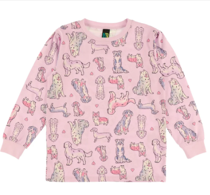 Pyjama - Nanö rose clair en coton avec motifs de chiens multicolores, manches longues, pour enfant, vue de face.