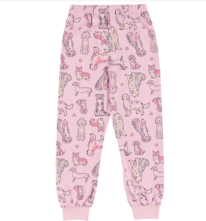 Pyjama - Nanö pantalon rose clair avec motifs colorés de chiens, en tissu doux, pour enfant, vue de face.