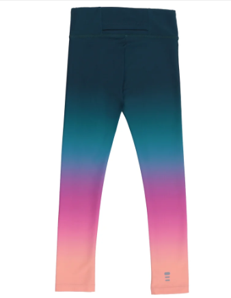 Legging athlétique Sarcelle - Nanö dégradé bleu sarcelle, violet et pêche, en tissu extensible, pour enfant, vue de dos.
