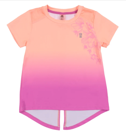 T-Shirt athlétique - Nanö dégradé rose et pêche avec motifs floraux sur l’épaule, en tissu technique, pour enfant, vue de face.