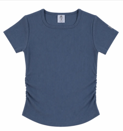 T-Shirt athlétique - Nanö bleu marine en tissu côtelé avec fronces sur les côtés, manches courtes, vue de face, pour enfant.