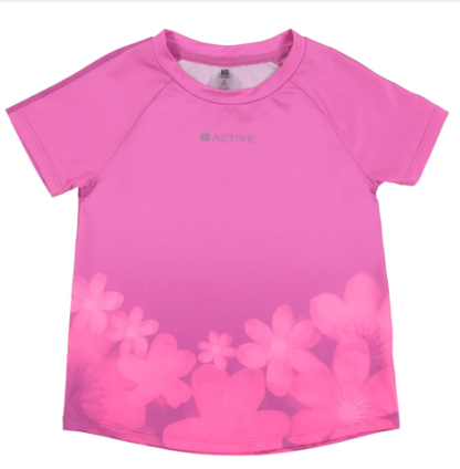 T-Shirt athlétique - Nanö rose avec motifs floraux dégradés en bas, tissu technique respirant, pour enfant, vue de face.