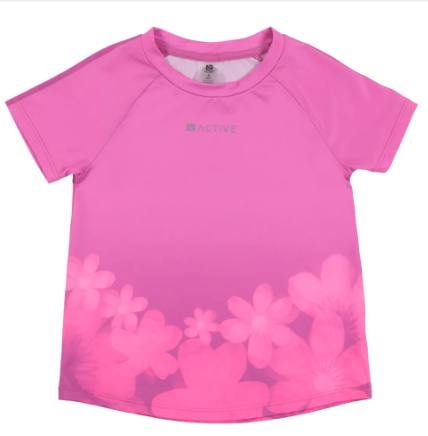T-Shirt athlétique - Nanö rose avec motifs floraux dégradés en bas, tissu technique respirant, pour enfant, vue de face.