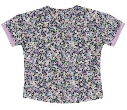 T-Shirt athlétique - Nanö à manches courtes, motif floral multicolore avec dominance de violet et noir, vue de dos.