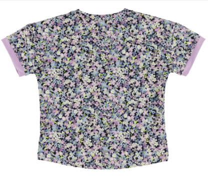 T-Shirt athlétique - Nanö à manches courtes, motif floral multicolore avec dominance de violet et noir, vue de dos.