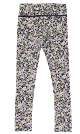 Leggin athlétique Marine - Nanö à motifs floraux roses, lilas, verts et noirs, pour enfant, vue de dos, en tissu extensible.