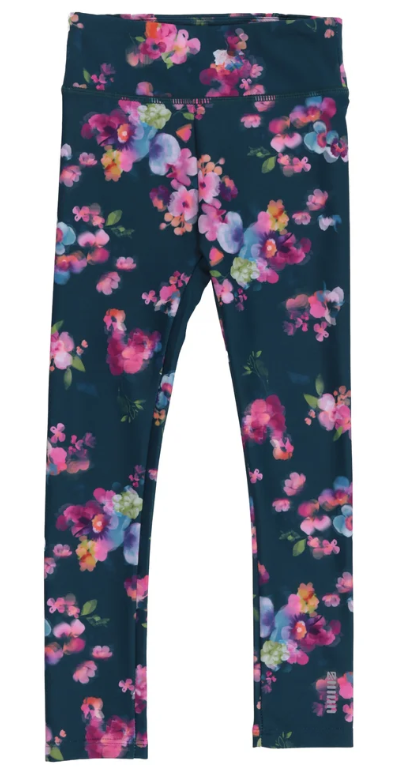 Leggin athlétique Sarcelle - Nanö bleu sarcelle à motifs floraux roses, violets et verts, taille haute, porté, adapté aux enfants, vue de face.