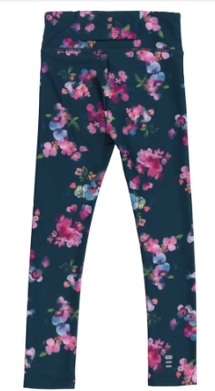 Leggin athlétique Sarcelle - Nanö en tissu extensible bleu sarcelle avec motifs floraux roses et violets, pour enfant, vue de dos.