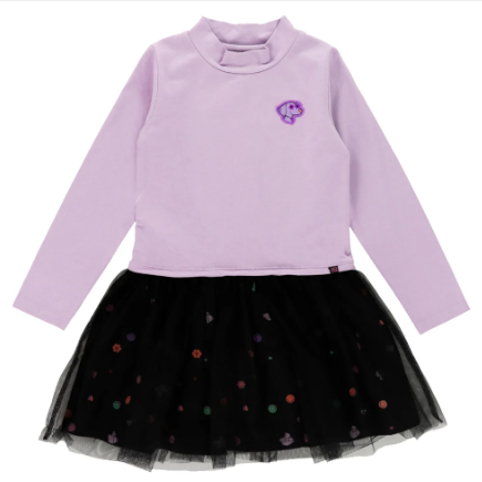 Robe - Nanö à manches longues lavande avec col montant et jupe noire en tulle à motifs colorés, pour enfant, vue de face.