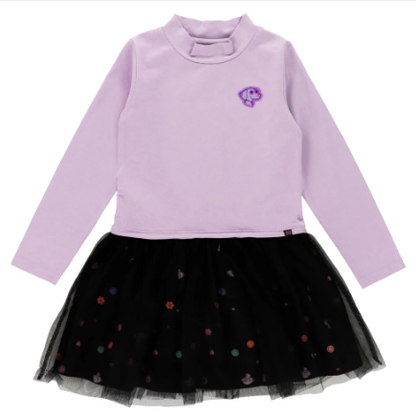 Robe - Nanö à manches longues lavande avec col montant et jupe noire en tulle à motifs colorés, pour enfant, vue de face.