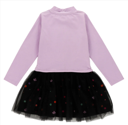 Robe - Nanö à manches longues lilas avec jupe noire en tulle ornée de pois colorés, pour enfant, vue de dos.