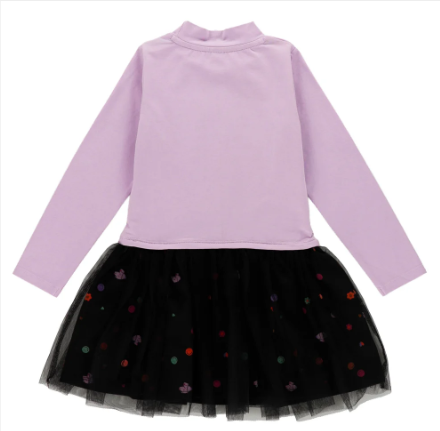 Robe - Nanö pour enfant, manches longues lavande en haut en tissu doux, jupe noire en tulle avec motifs colorés, vue de dos.