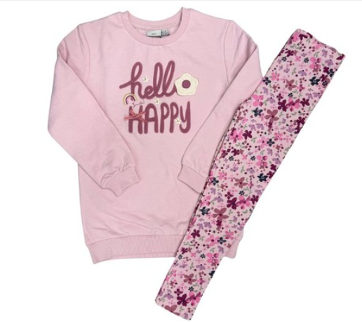 Ensemble - M.I.D. rose pour fille avec haut à manches longues et legging à motifs floraux roses et violets vue de face