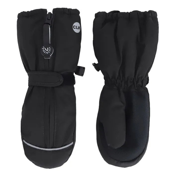 Mitaines d'hiver - Calikids noires avec fermeture ajustable, intérieur doux, pour enfant, vue de face et dos.