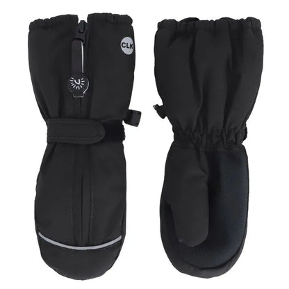 Mitaines d'hiver - Calikids noires avec fermeture ajustable, intérieur doux, pour enfant, vue de face et dos.