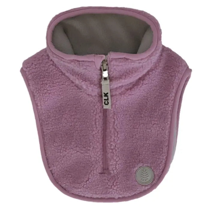 Cache-Cou d'hiver - Calikids en tissu polaire violet clair doublé gris, col montant zippé, pour enfant, vue de face.