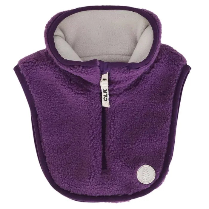 Cache-Cou d'hiver - Calikids violet en matière polaire, doublure beige, pour enfant, vue de face avec fermeture éclair.