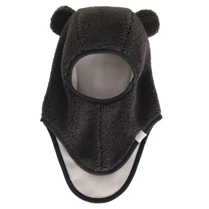 Cagoule - Calikids en tissu polaire marron foncé avec oreilles, doublure beige, pour enfant, vue de face.