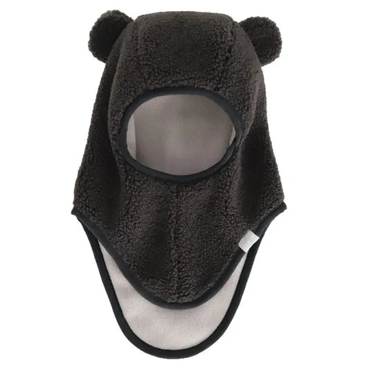 Cagoule - Calikids en tissu polaire marron foncé avec oreilles, doublure beige, pour enfant, vue de face.