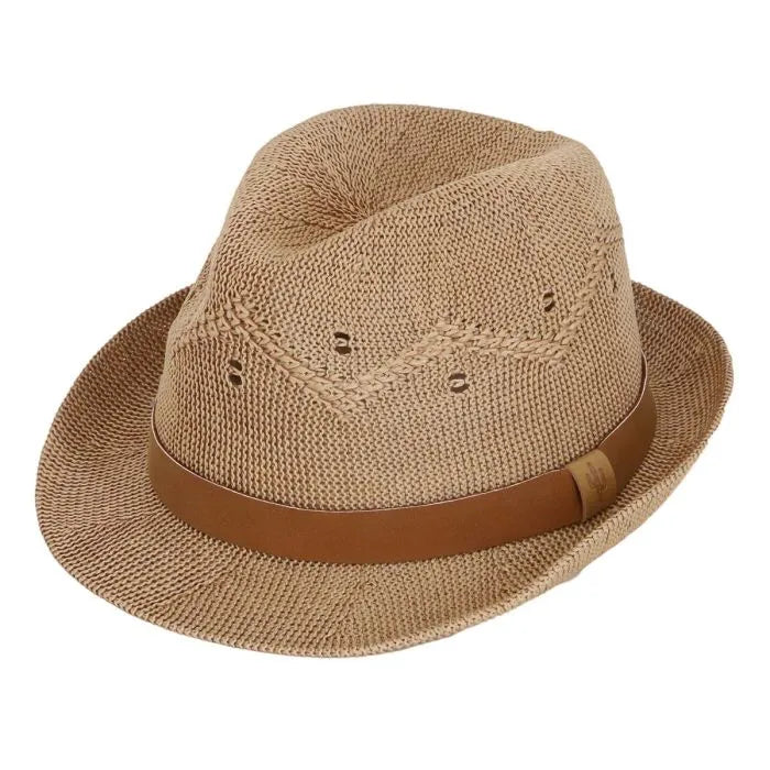 Chapeau - Calikids style Fedora en polyester beige avec bande marron, pour garçon, vue de profil légèrement en plongée.