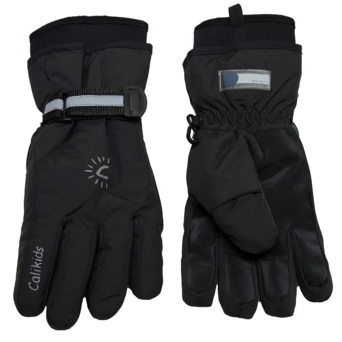 Gants d'hiver - Calikids noirs imperméables avec ajustement à la taille, doublure micropolaire, vue de face et dos enfant