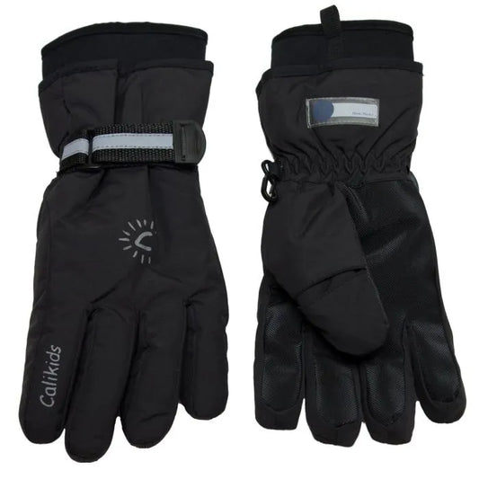 Gants d'hiver - Calikids noirs imperméables avec ajustement à la taille, doublure micropolaire, vue de face et dos enfant