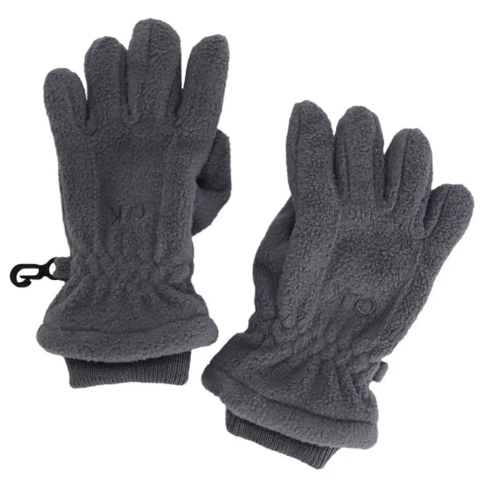 Gants en polar - Calikids gris foncé en tissu polaire, style enfant avec poignets côtelés, vue de face et dos.