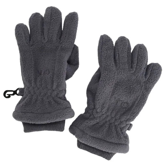 Gants en polar - Calikids gris foncé en tissu polaire, style enfant avec poignets côtelés, vue de face et dos.