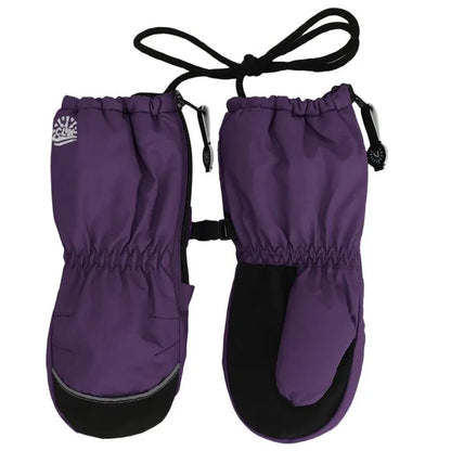 Mitaines d'hiver - Calikids violettes avec paume noire antidérapante, fermeture éclair côté pouce, vue de dessus, enfant