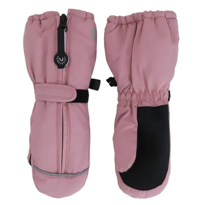Mitaines d'hiver - Calikids roses avec paume noire en tissu isolant, fermeture éclair et bande velcro, pour enfant, vue de face et dos.