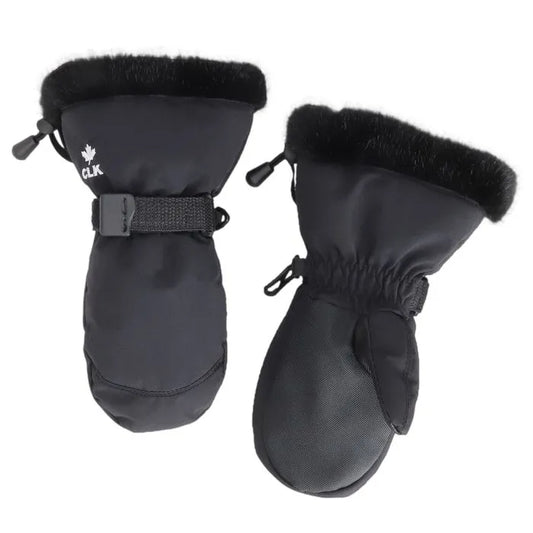 Mitaines d'hiver - Calikids noires avec fourrure synthétique, tissu imperméable, pour enfant, vue de face et de dos.