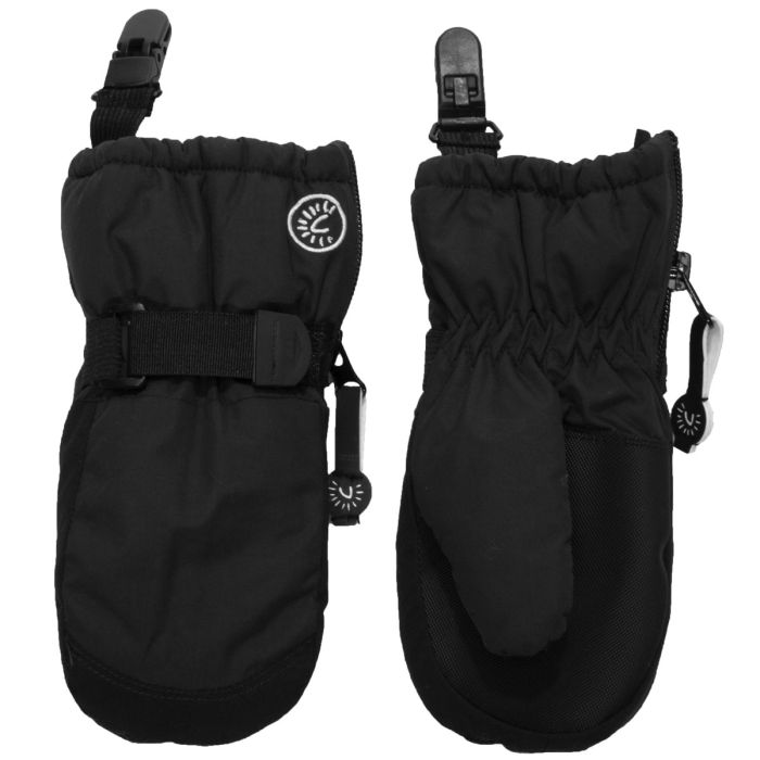 Mitaines d'hiver avec pinces- Calikids noires en tissu isolant, détail clips, vue de face et dos pour enfant.