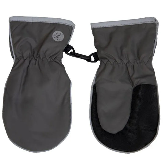 Mitaines Mi-Saison - Calikids gris foncé et noir, tissu résistant à l'eau, enfant, vue de face avec attache centrale