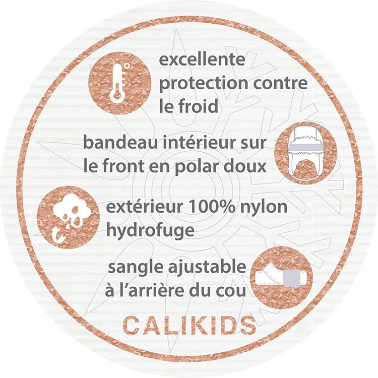 Chapeau d'hiver - Calikids avec intérieur en polar doux, extérieur nylon hydrofuge, sangle ajustable, détails techniques.