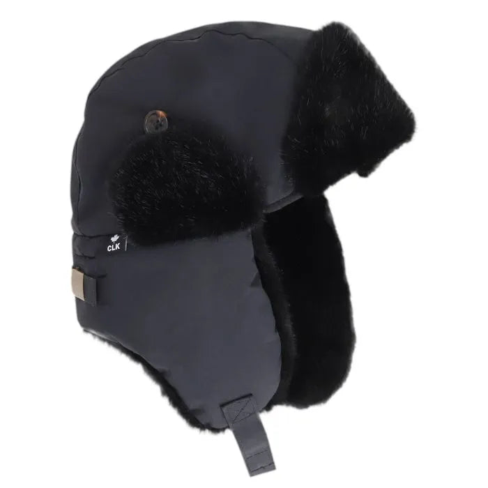 Chapeau d'hiver - Calikids noir avec doublure et parties en fausse fourrure, style chapka, pour enfant, vue de profil gauche.