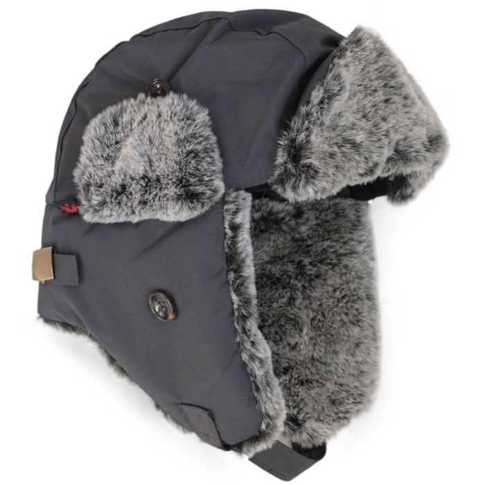 Chapeau d'hiver - Calikids gris foncé en nylon avec doublure micropolaire grise fourrure synthétique, vue de côté pour enfant.