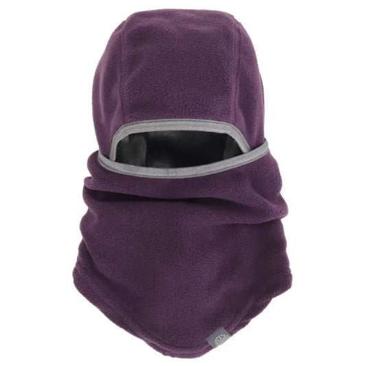 Cagoule - Calikids violette en polyester micropolaire avec bord gris, 3 en 1, pour enfant, vue de face.