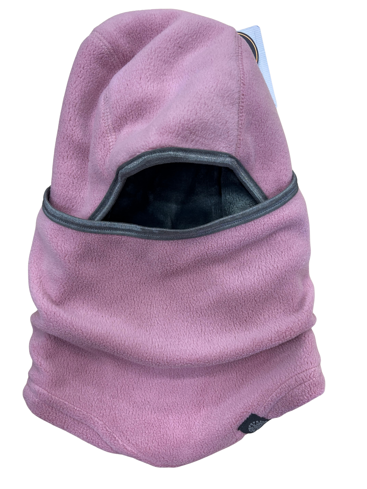 Cagoule - Calikids en polaire rose clair avec bordure grise, doublure noire, pour enfant, vue de face.